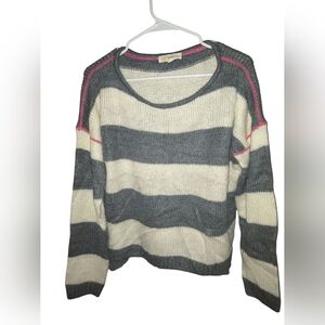 Rewind Gray and Cream Striped Sweater with Pink Accents